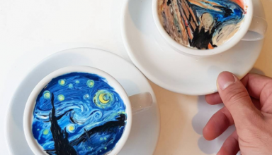Latte art, cream art, Lee Kang Bin, Van Gogh, Starry Starry Night, Munch, The Scream, Korea