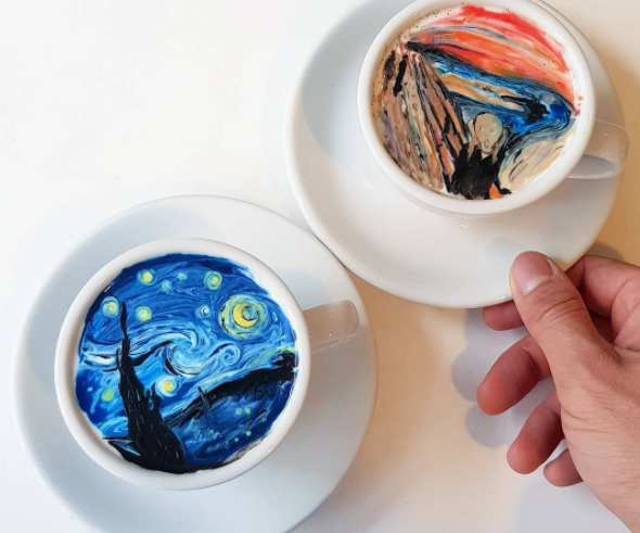 Latte art, cream art, Lee Kang Bin, Van Gogh, Starry Starry Night, Munch, The Scream, Korea