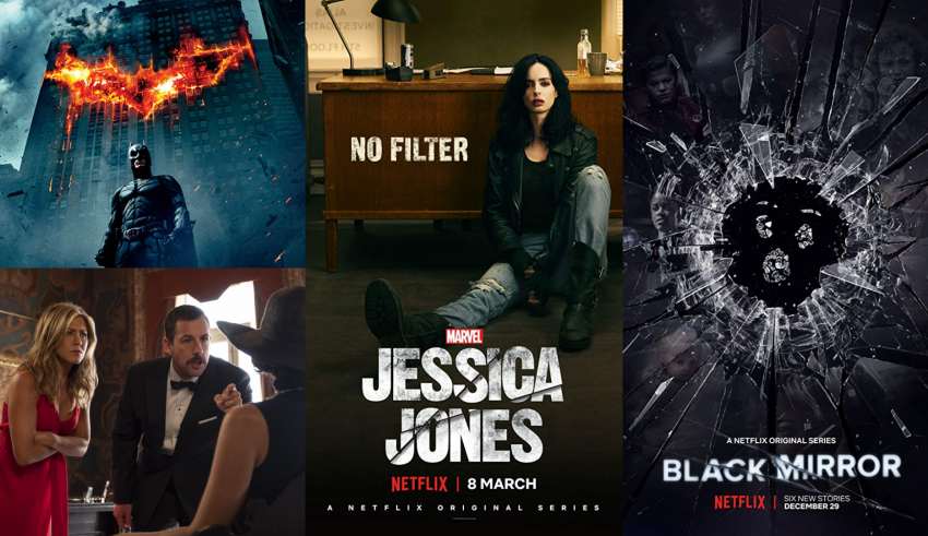 The Dark Knight, Jessica Jones, Black Mirror, and Murder Mystery Posters