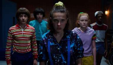 Caleb McLaughlin, Sadie Sink, Millie Bobby Brown, and Noah Schnapp in Stranger Things