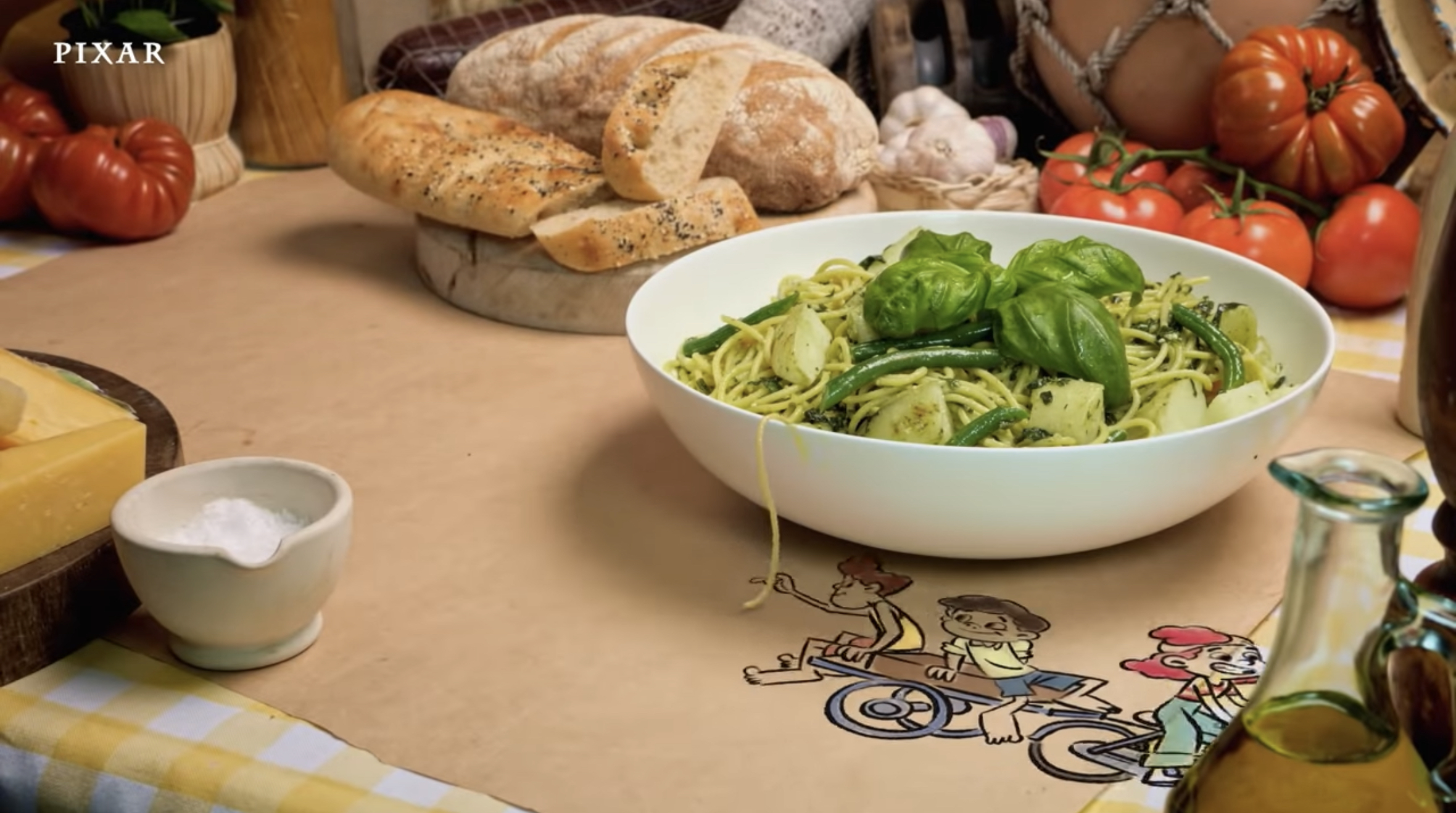 A dish of Trenette al Pesto with animated Alberto, Luca, and Giuilia.