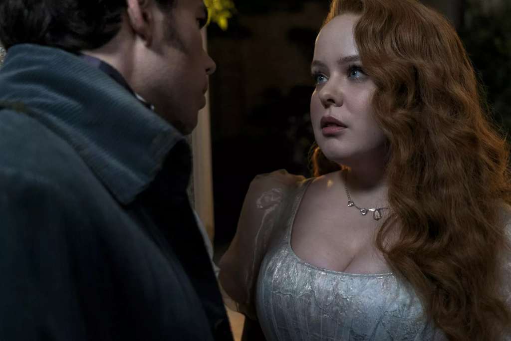Bridgerton Season 3 still of Penelope Featherington and Colin Bridgerton, played by Nicola Coughlan and Luke Newton via Entertainment Weekly