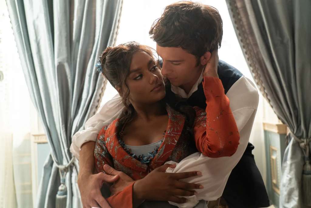  Bridgerton Season 3 still of Kate and Anthony Bridgerton, played by Simone Ashley and Jonathan Bailey via Glamour