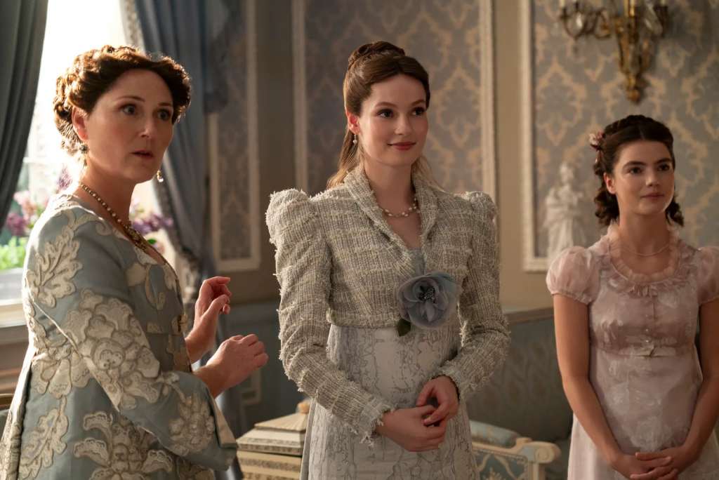 Bridgerton Season 3 still of Lady Violet, Francesca, and Hyacinth Bridgerton, played by Ruth Gemmell, Hannah Dodd, and Florence Hunt via Glamour