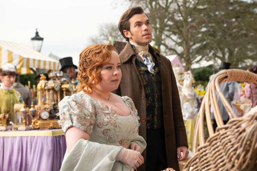 Bridgerton Season 3 still of Penelope Featherington and Colin Bridgerton, played by Nicola Coughlan and Luke Newton via Entertainment Weekly