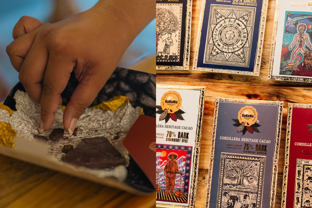 Hand reaching out for a chocolate (Left) and flat lay of chocolate (Right)
