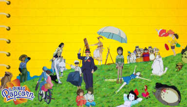 Studio Ghibli characters with a yellow notebook lines background