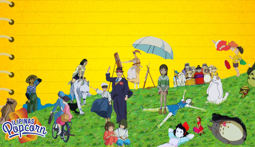 Studio Ghibli characters with a yellow notebook lines background